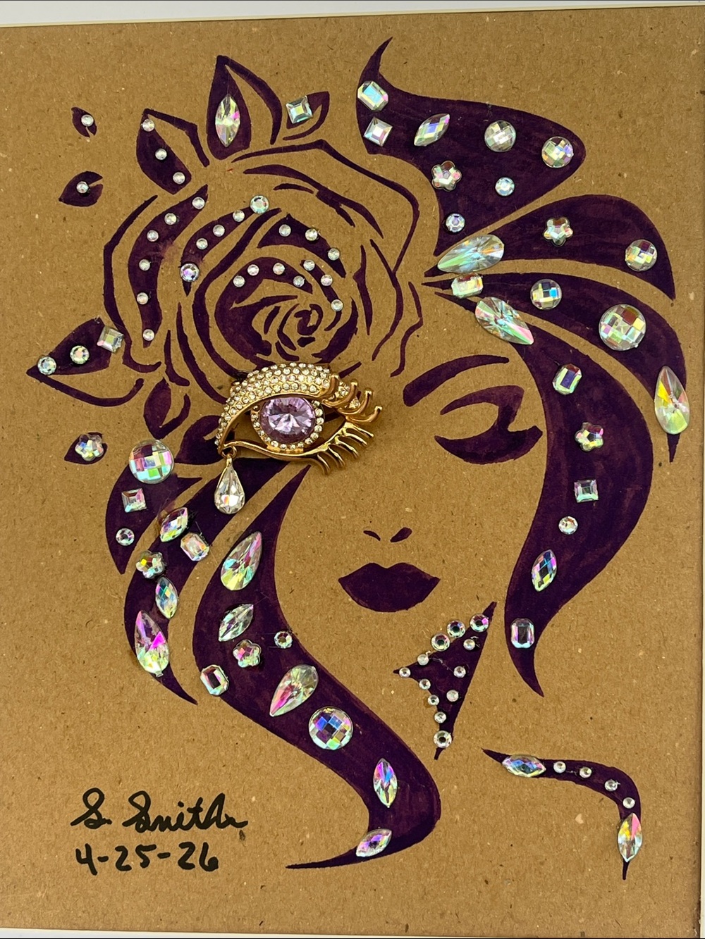 Framed Rhinestone Purple Hair Silhouette Art Hand Crafted